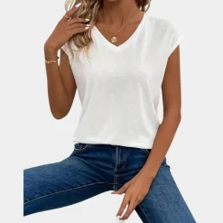 Topjes & Shirts Dames*Afrodite - Casual dames t-shirt met v-hals voor de zomer Wit