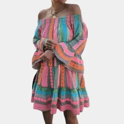 Jurken & Jumpsuits Dames*Aline - Stijlvolle en kleurrijke zomerjurk voor vrouwen - Perfect voor Lente en Zomer Roze blauw