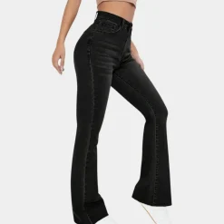 Broeken & Rokken Dames*Colette - Casual uitlopende damesbroek met hoge taille voor de zomer Zwart