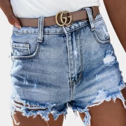 Broeken & Rokken Dames*Denis - Hoog-Taille Versleten Denim Short met Franje voor Zomeravonturen Blauw