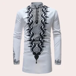 Shirts Heren*Dimitris - Modieus zomershirt met lange mouwen en etnische print Wit