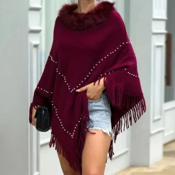 Truien & Vesten Dames*Eftychia - Luchtige Gebreide Poncho met Verfijnde Details voor Dames - Perfect voor de Zomer Rood