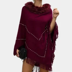 Truien & Vesten Dames*Eftychia - Luchtige Gebreide Poncho met Verfijnde Details voor Dames - Perfect voor de Zomer Rood