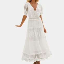 Jurken & Jumpsuits Dames*Elegante en klassieke kanten zomerjurk voor dames Wit