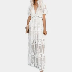 Jurken & Jumpsuits Dames*Elegante en lange kanten zomerjurk voor dames Wit