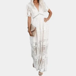 Jurken & Jumpsuits Dames*Elegante en lange kanten zomerjurk voor dames Wit