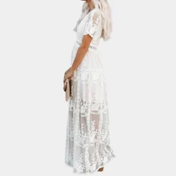 Jurken & Jumpsuits Dames*Elegante en lange kanten zomerjurk voor dames Wit