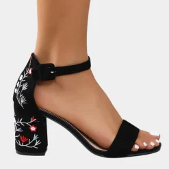 Damesschoenen*Elegante zomerdamessandalen met bloemenprint Zwart