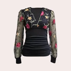 Topjes & Shirts Dames*Elegante zomerse damestop met bloemenborduursel Zwart