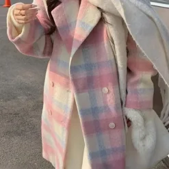 Jassen Dames*FLORIANE - Modieuze Lichte Zomerse Lange Geruite Mantel voor Dames Roze