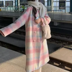 Jassen Dames*FLORIANE - Modieuze Lichte Zomerse Lange Geruite Mantel voor Dames Roze