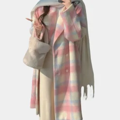 Jassen Dames*FLORIANE - Modieuze Lichte Zomerse Lange Geruite Mantel voor Dames Roze