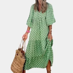 Jurken & Jumpsuits Dames*Gelaagde maxi-jurk met pofmouwen - Zomerse Editie Groen