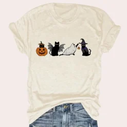 Topjes & Shirts Dames*Kati - Speels kat & pompoen grafisch zomers shirt
