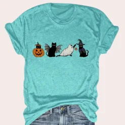 Topjes & Shirts Dames*Kati - Speels kat & pompoen grafisch zomers shirt