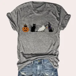 Topjes & Shirts Dames*Kati - Speels kat & pompoen grafisch zomers shirt