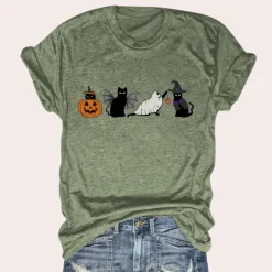 Topjes & Shirts Dames*Kati - Speels kat & pompoen grafisch zomers shirt