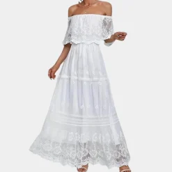 Jurken & Jumpsuits Dames*Lasma - Off shoulder kanten zomerjurk voor dames Wit