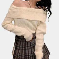 Truien & Vesten Dames*Leorina - Chique Gebreide Off-Shoulder Damestrui voor Lente en Zomer