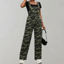 Jurken & Jumpsuits Dames*Neea - Stijlvolle camouflage dames jumpsuit voor de zomer Legergroen