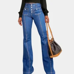 Broeken & Rokken Dames*Pazienza - Luchtige uitlopende damesbroek met hoge taille voor de zomer Middelblauw