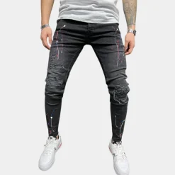 Broeken Heren*Pietro - Moderne herenjeans met verfdesign voor de zomer Zwart