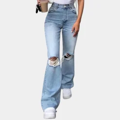 Broeken & Rokken Dames*Primavera - Gescheurde damesbroek met hoge taille voor de zomer Blauw