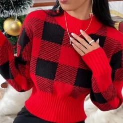 Truien & Vesten Dames*Sonya - Stijlvol Geruite Damestrui Rood