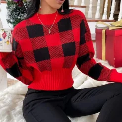 Truien & Vesten Dames*Sonya - Stijlvol Geruite Damestrui Rood