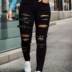 Broeken & Rokken Dames*Sotiria - Stijlvolle gescheurde zomerbroek met trendy look Zwart