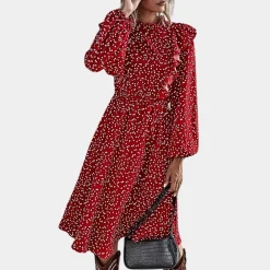 Jurken & Jumpsuits Dames*Stacy - Zomerse damesjurk met volle mouw en ruches Rood