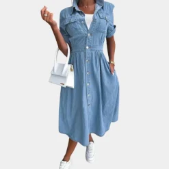 Jurken & Jumpsuits Dames*Stijlvolle zomerse damesjurk met knoopsluiting Blauw