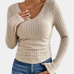 Topjes & Shirts Dames*Tasenka - Geribd v-hals dames t-shirt