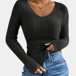 Topjes & Shirts Dames*Tasenka - Geribd v-hals dames t-shirt