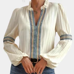 Blazers & Blouses Dames*Teodora - Luxe Dames V-hals Zomerblouse met Ruches Wit