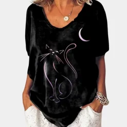 Topjes & Shirts Dames*Trendy dames t-shirt met kattenprint voor de zomer