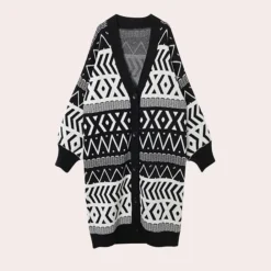 Jassen Dames*Wilhelmine - Geometrische Lange Jas - Tijdloze Elegantie voor Dames - Lente/Zomer Stijl Zwart