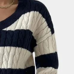 Truien & Vesten Dames*Yamina - Dames Elegante V-Hals Gestreepte Zomerse Trui